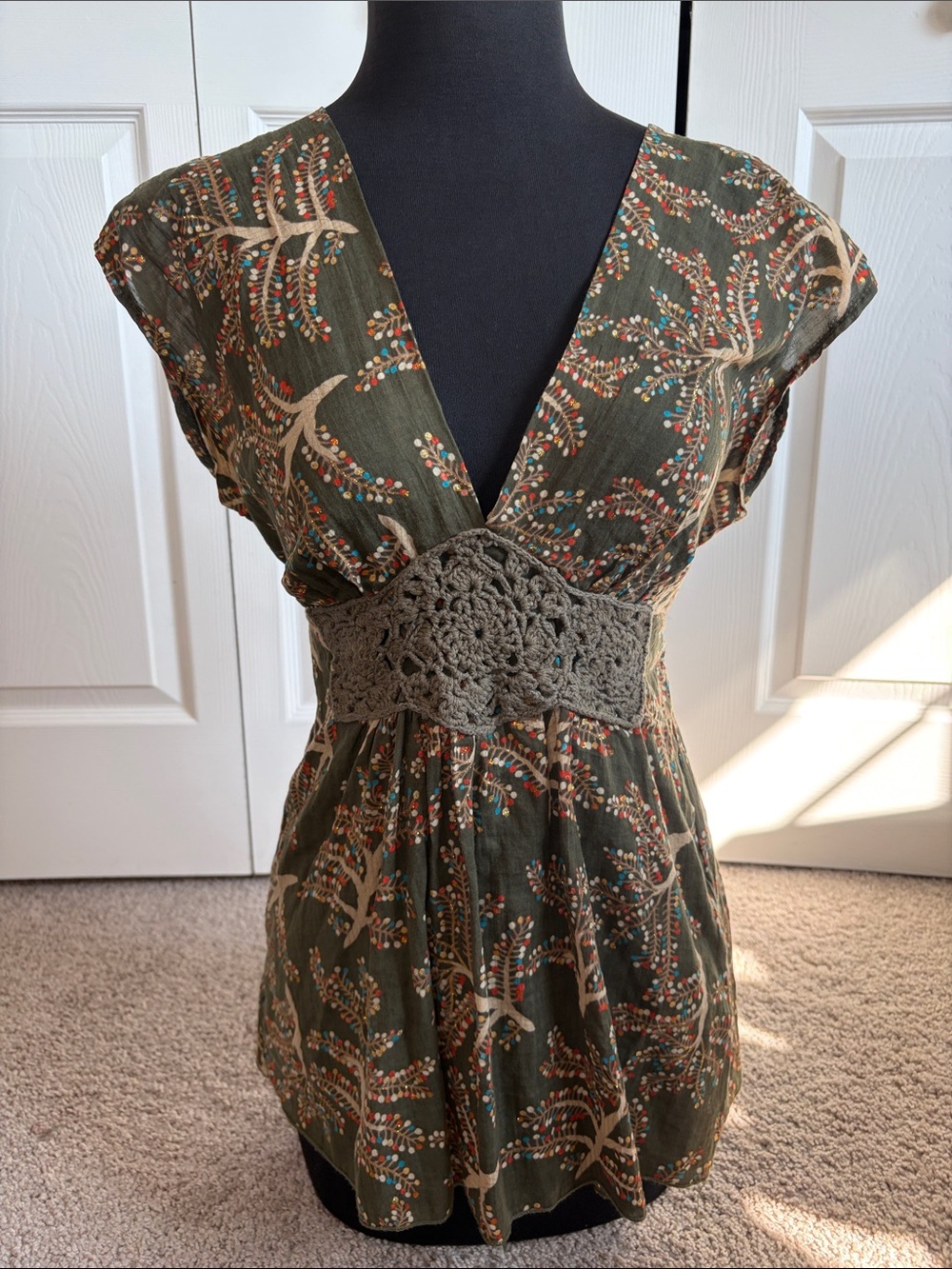 Vintage Y2K Babydoll Tie-Back Fairy Top Cotton Crochet Green Sparkle Trees M